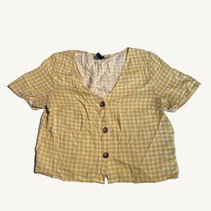 Divided Cropped Yellow Checkered Print Button Up T-Shirt Blouse Size 6